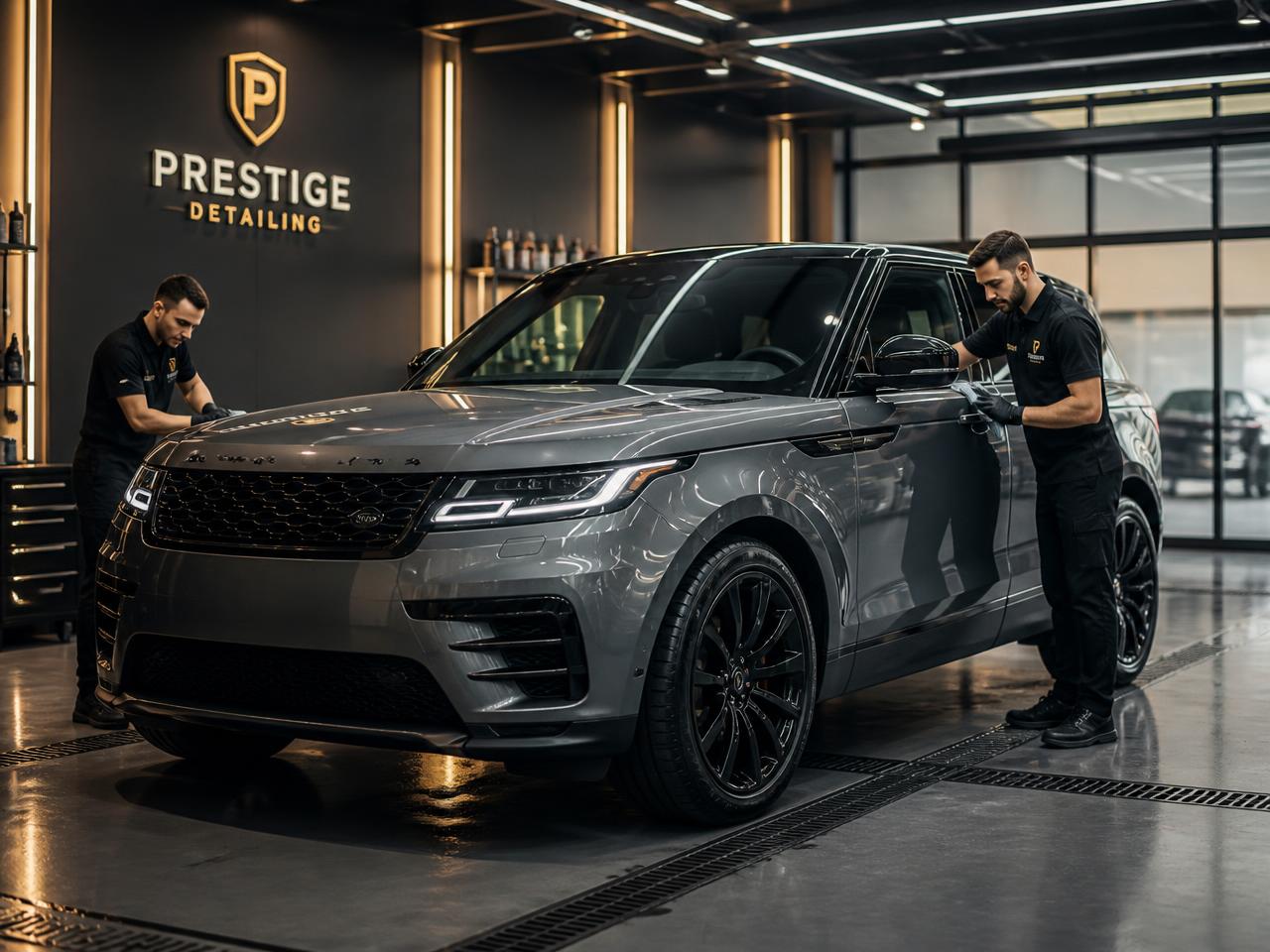 Team detailing a rental SUV in a modern service garage